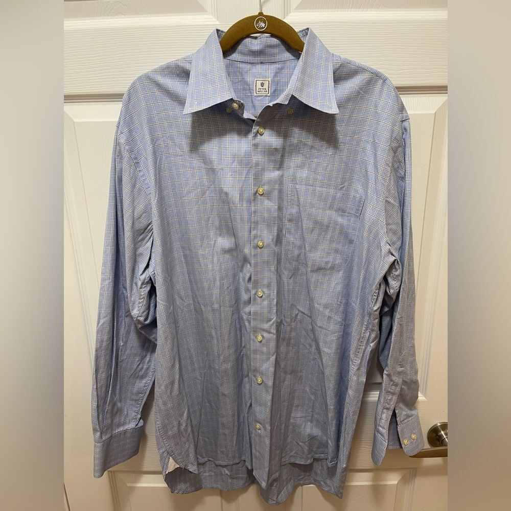 Peter Millar Mens Button Long Sleeve Shirt Size L Blue White Checkers